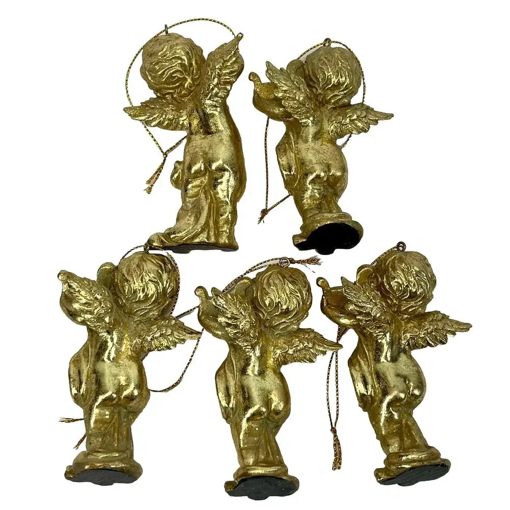Cherub Angel Gold Resin Ornament Figure Harp Lute Flute Christmas 4” Lot Of 5
